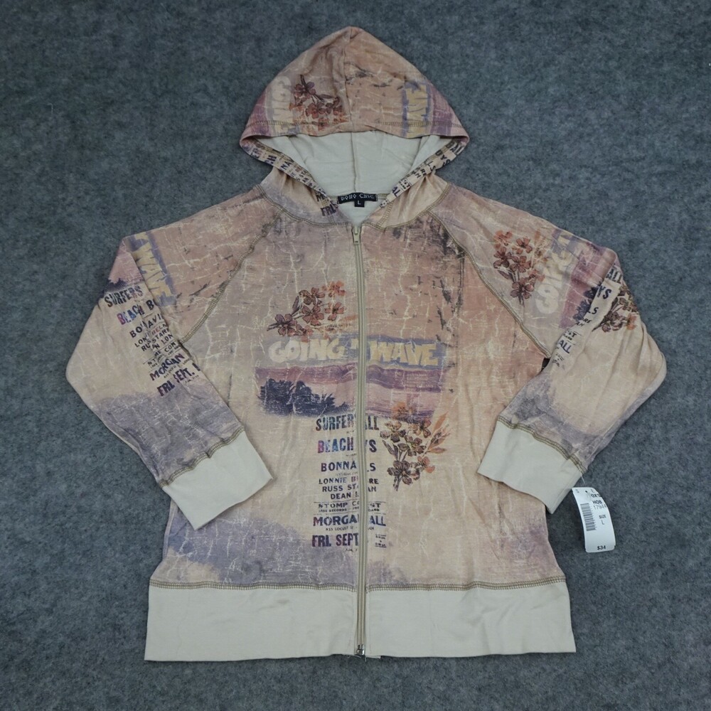 Boho Chic Sweater Womens Large L Beige Pink Hoodie Full Zip Lightweight Jacket